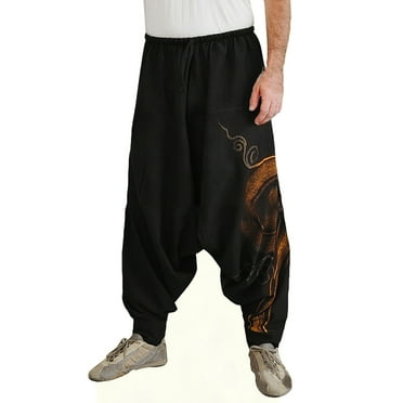 IROINNID Harem Pants for Men Ethnic Style Low Crotch Cotton Linen Wide Leg Loose Fit Pants Low Casual Pants,Black