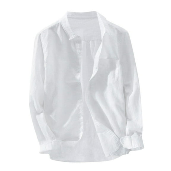 IROINNID Hawaiian Shirt for Men Solid Cotton Linen Shirt Hawaiian Long Sleeve Neck Shirt Beach Top/shirt Blouse,White