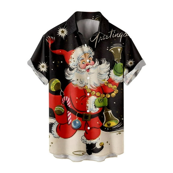 IROINNID Hawaiian T-Shirt for Men Button Up Christmas Short Sleeve Shirt Funny Xmas Tree Print Vacation Shirt,Black
