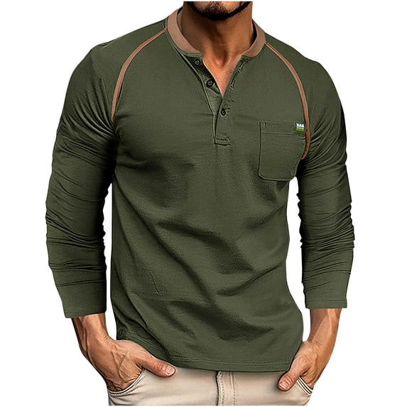 IROINNID Henley Shirts for Men Cotton Casual Contrast Color Top Slim Long Sleeve Standing Neck Button Pocket Sports T-shirt Top Blouse ,Olive Green