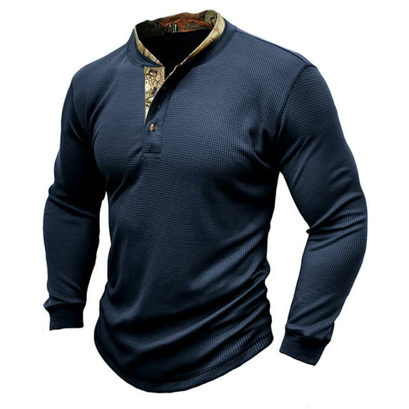 IROINNID Henley Shirts for Men Casual Basic Solid Color Blouse Tee Shirt Top Long Sleeve Round-Neck Blouses & Shirts ,Dark Blue