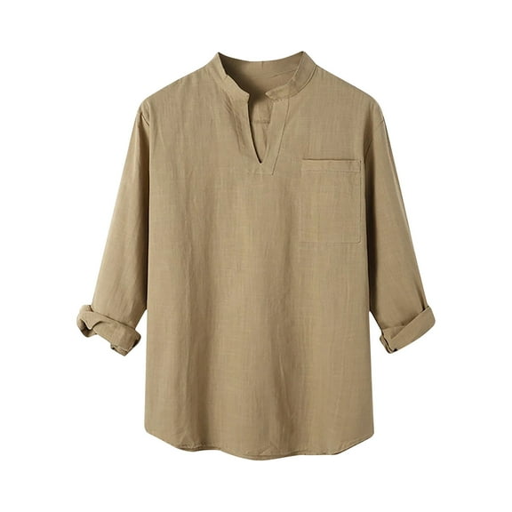 IROINNID Henley Shirts for Men Cotton Casual Shirt Slim Long Sleeve Stand Collar Button Pocket T-Shirt Top Blouse,Brown