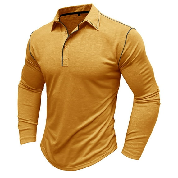IROINNID Henley Shirts for Men Cotton Cozy Muscle Basic Solid Pure Color Blouse Tee Shirt Top Long Sleeve Round-Neck Blouses & Shirts Savings,Yellow