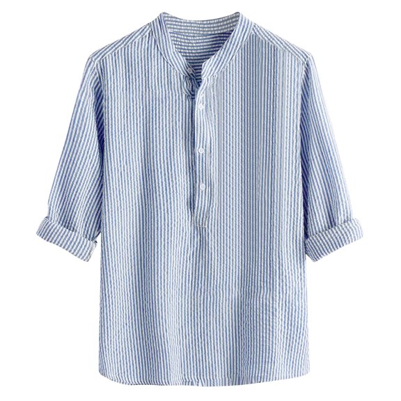 IROINNID Henley Shirts for Men Cozy Striped Shirt Linen Slim Long Sleeve Button T-Shirt Top Blouse ,Light Blue