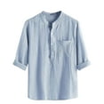 thumbnail image 1 of IROINNID Henley Shirts for Men Loose Striped Shirt Linen Slim Long Sleeve Button T-Shirt Top Blouse Reduced,Light Blue, 1 of 4