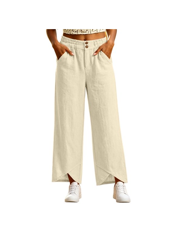 High Waisted Button Front Cropped Pants for Women with Side Pockets and Angled Hem for Summer Vacation Outdoor Casual Daily Wear