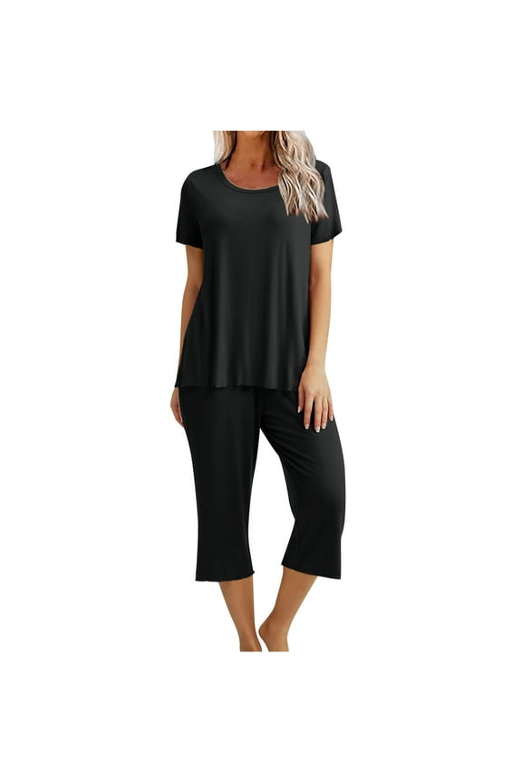Homewear Sets for Women Solid Short Sleeve Top and Capri Pants Homewear Pajamas Sets with Pockets,Black A