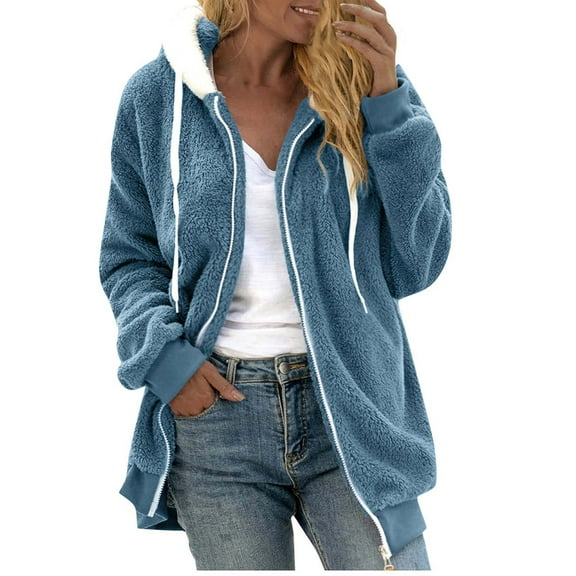IROINNID Hoodie Jacket for Women Shearling Jacket Zipper Closure Fall Winter Warm Tops Long Sleeve Hooded Jacket with Pocket,Light Blue