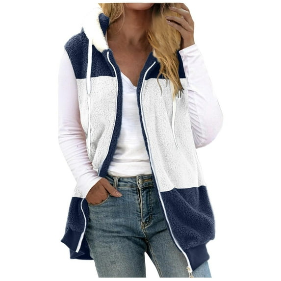 IROINNID Hoodie Jacket for Women Winter Fall Warm Zipper Shearling Jacket Long Sleeve Casual Hooded Color Block Coat,Navy