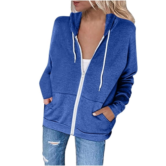 IROINNID Hoodie for Women Casual Drawstring Hood Plain All-match Coat Zip Up Fleece Versatile Basic Solid Jacket,Blue
