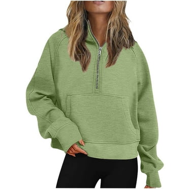 IROINNID Hoodie for Women Solid Casual Pullover Loose Fit Long Sleeve Fall Basic Tops with Zipper Pocket,Olive Green