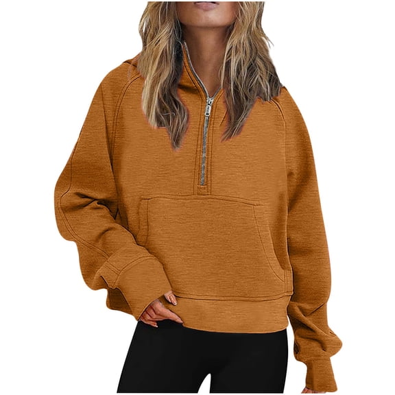 IROINNID Hoodie for Women Solid Casual Pullover Loose Fit Long Sleeve Fall Basic Tops with Zipper Pocket,Orange