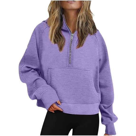 IROINNID Hoodie for Women Solid Casual Pullover Loose Fit Long Sleeve Fall Basic Tops with Zipper Pocket,Purple