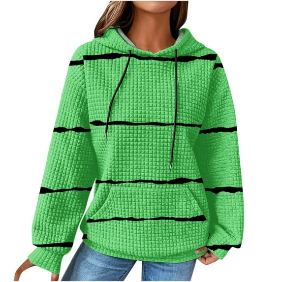 IROINNID Hoodie for Women Stripe Long Sleeve Drawstring Hoodie Casual Waffle Pullover Tops,Green