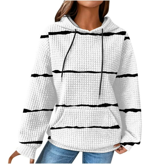 IROINNID Hoodie for Women Stripe Long Sleeve Drawstring Hoodie Casual Waffle Pullover Tops,White