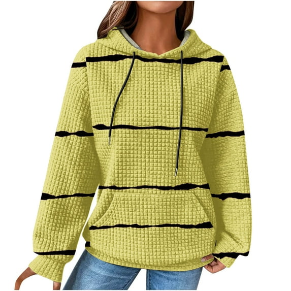 IROINNID Hoodie for Women Stripe Long Sleeve Drawstring Hoodie Casual Waffle Pullover Tops,Yellow