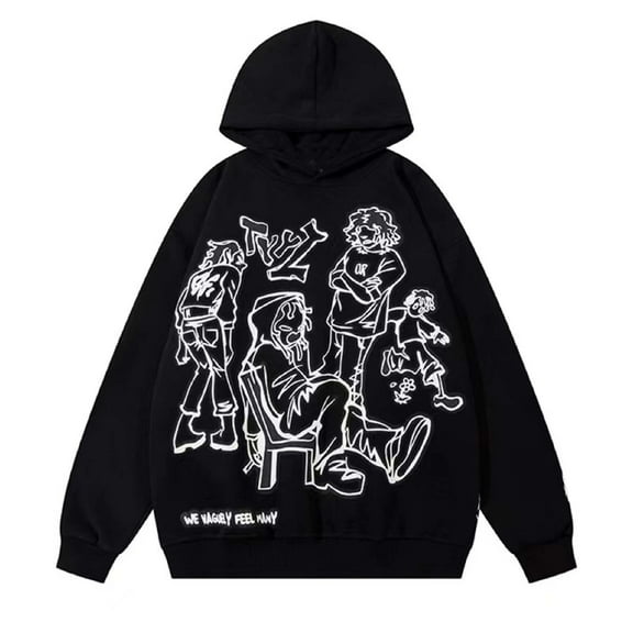 IROINNID Hoodie for Women Winter Round Neck Long Sleeve Hooded Print Loose Sweater,Black