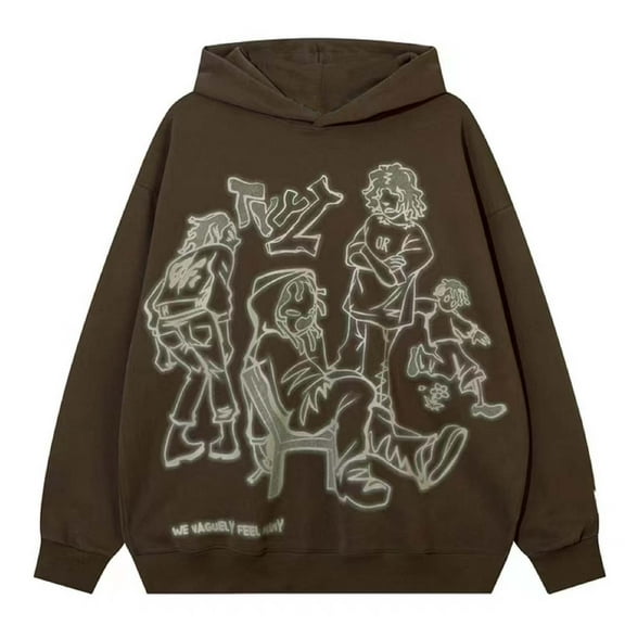 IROINNID Hoodie for Women Winter Round Neck Long Sleeve Hooded Print Loose Sweater,Brown