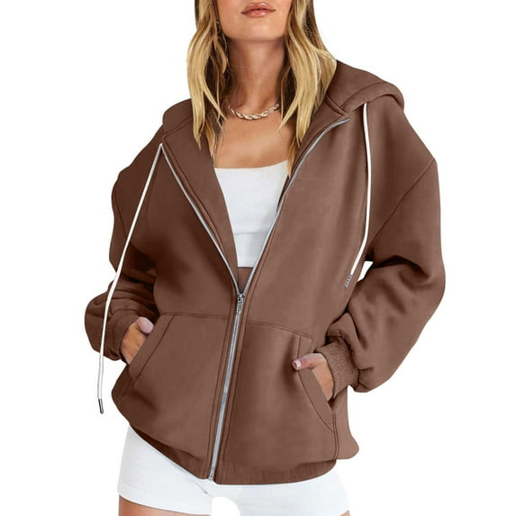 IROINNID Hoodie for Women Winter Warm Drawstring Hooded Jacket Solid Basic Long Sleeve Full Zip Comfortable Coat with Pockets,Brown