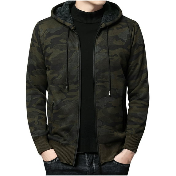 IROINNID Hoodies for Men Comfy Autumn/winter New Style Velvet Hooded Long-sleeved Knitted Jacket,Army Green