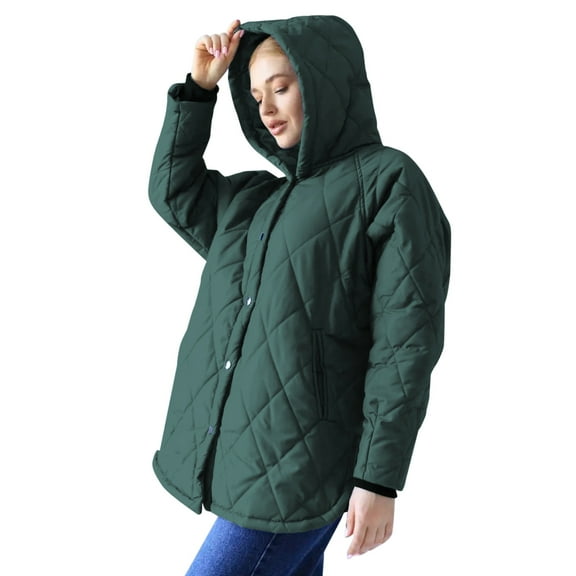 IROINNID Jacket for Women Winter Warm Plus Size Hooded Button Down Cotton Coat Long Sleeve Casual Daily Jacket,Green