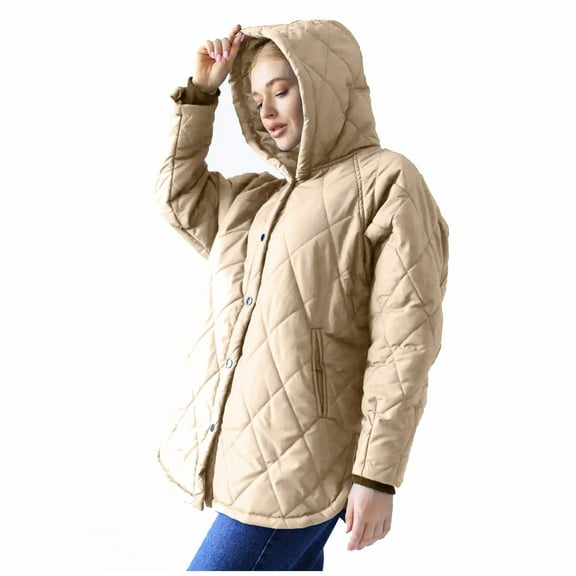 IROINNID Jacket for Women Winter Warm Plus Size Hooded Button Down Cotton Coat Long Sleeve Casual Daily Jacket,Khaki