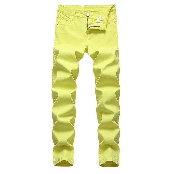 IROINNID Jean Pants For Men Color Wash Zipper Closure Stretch Trousers Rigid Waist Skinny Full-Length Solid Jean Pants