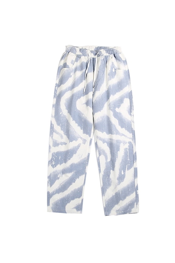Jean Pants For Men Light Wash Straight Leg Loose Elastic Drawstring Jeans Rigid Waist Relaxed Full-Length Tie-Dye Jean Pants