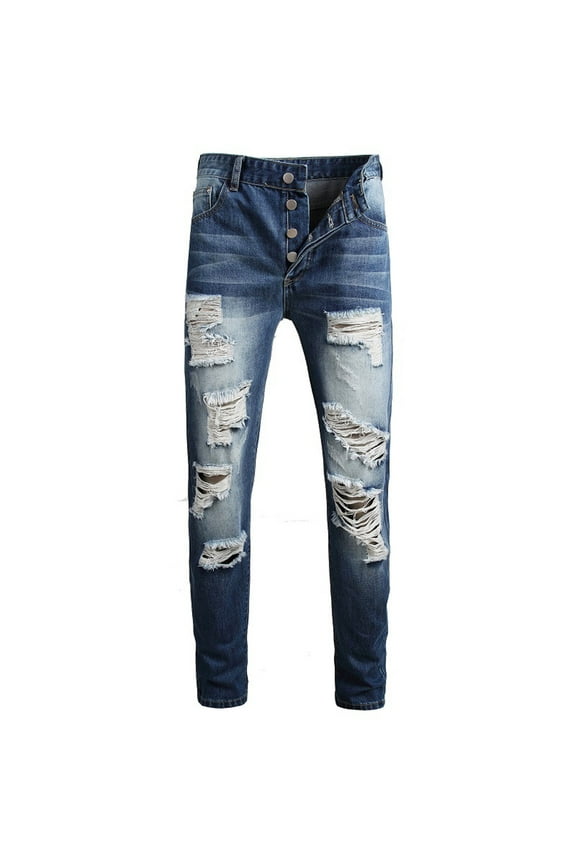 Jean Pants For Men Medium Wash Ripped Slim-Fit Jeans Rigid Waist Skinny Full-Length Solid Jean Pants