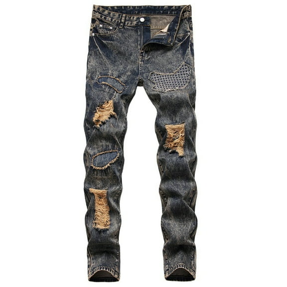 IROINNID Jean Pants For Men Vintage Wash Stretch Retro Hole Frayed Slim-Fit Jeans Rigid Waist Skinny Full-Length Solid Jean Pants