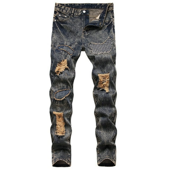 IROINNID Jean Pants For Men Vintage Wash Stretch Retro Hole Frayed Slim-Fit Jeans Rigid Waist Skinny Full-Length Solid Jean Pants