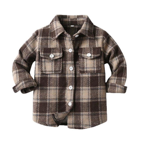 IROINNID Kids Toddler Long Sleeve Cotton Warm Shirt Plaid Shacket Boys Girls Fall Button Down Tops,Brown