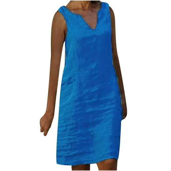 IROINNID Knee-Length Dress For Women Solid Color Fashion Casual Plus Size Vest Linen Dress Sleeveless V-Neck Sundress
