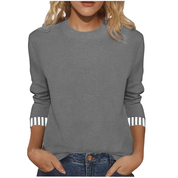 IROINNID Ladies Casual Round Neck Striped Patchwork Quarter Sleeve Tshirt Loose Top Comfortable Soft Breathable Everyday Wear Stylish Trendy Fashion Tee(Gray,L)