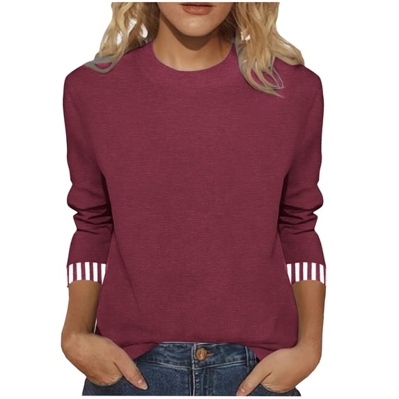 IROINNID Ladies Casual Round Neck Striped Patchwork Quarter Sleeve Tshirt Loose Top Comfortable Soft Breathable Everyday Wear Stylish Trendy Fashion Tee(Red,L)
