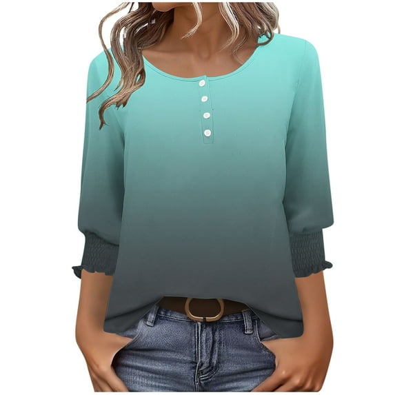IROINNID Ladies Fashion Gradient Print Button Down T Shirt 3/4 Sleeve Round Neck Casual Top Soft Comfortable Stretchy Blouse Trendy Stylish Tee Womens Clothing(Mint Green,S)