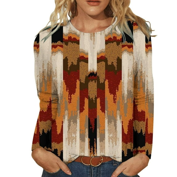 IROINNID Ladies Long Sleeve T Shirts Home Round Neck Printed Loose Shirt Blouse Tops,Brown