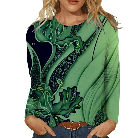 IROINNID Ladies Long Sleeve T Shirts Home Round Neck Printed Loose Shirt Blouse Tops,Green