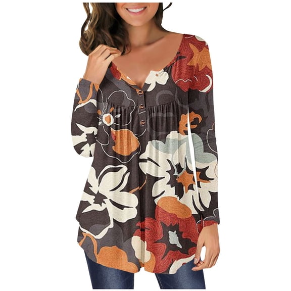 IROINNID Ladies Long Sleeve T Shirts Home T-shirt Printed Round Neck Ruched Button Pullover Blouse Tops,Brown