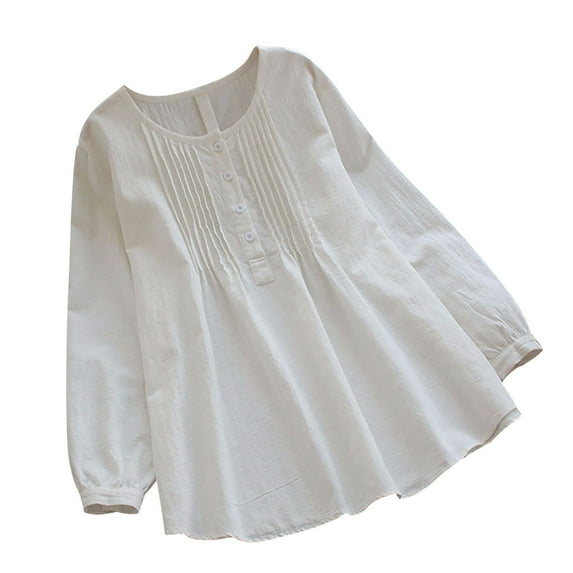 IROINNID Ladies Long Sleeve T Shirts Summer Home Loose Linen Solid Full-Sleeve O Neck Tops Blouse,White