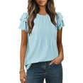 thumbnail image 1 of IROINNID Ladies' Pleated Ruffle Sleeves Round Neck Blouse Spring Summer Casual Tops Short Sleeved Lightweight Workwear(Light Blue,), 1 of 7