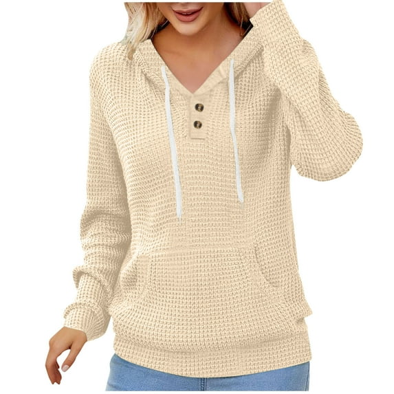 IROINNID Ladies Solid Color Button Hoodie Long Sleeve Top with Pocket V Neck Loose Fit Spring Winter Hooded Sweatshirt Comfortable Casual Wear Warm Cozy Pullover(Khaki,L)