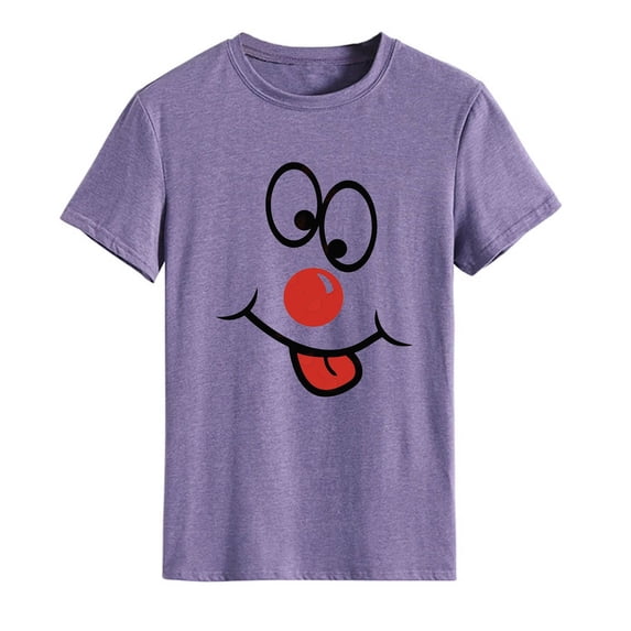 IROINNID Ladies Summer Round Neck Leisure Solid Color Cartoon Print Pattern Short Sleeve Top T-shirt