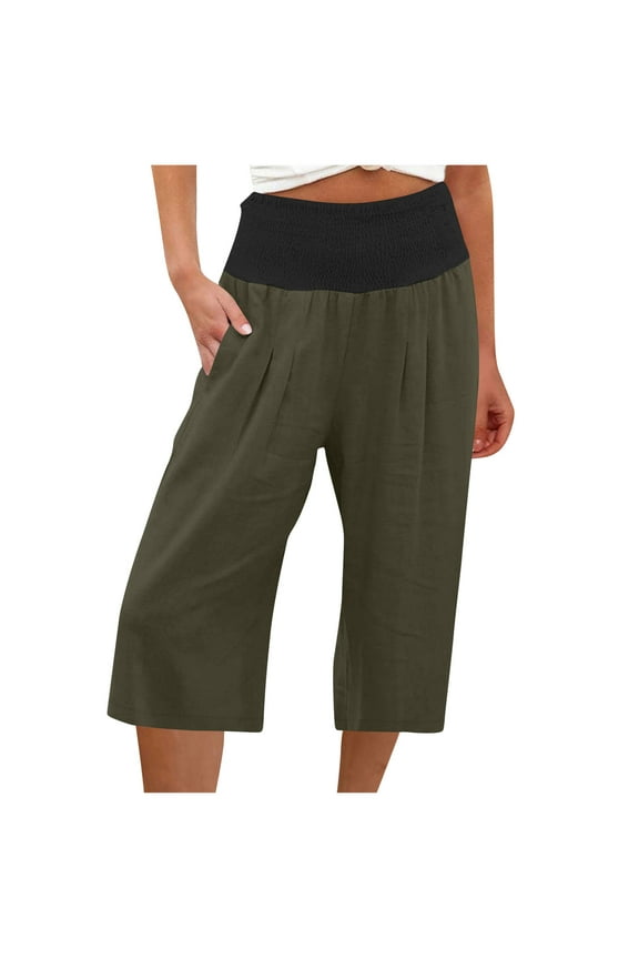 Leggings, Crossover Summer Pants below the knee with Elastic Waist Tummy Control, High-Waisted and Wide Leg