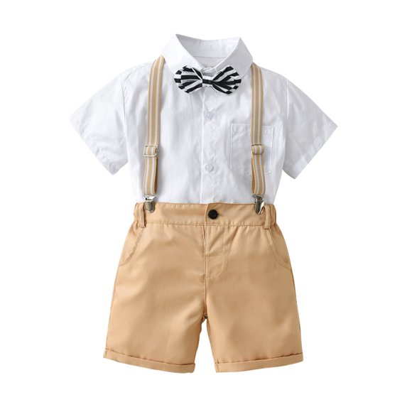 IROINNID Little&Big Boys Gentlemen Suit Short Sleeve Turndown Lapel Shirt Shorts Formal Outfits with Bow-tie Birthday Four-piece Set