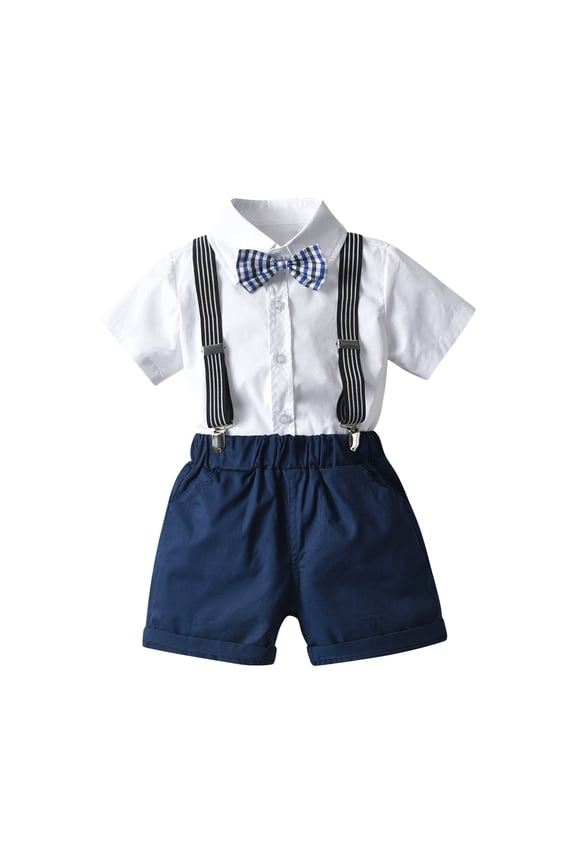 Little&Big Boys Gentlemen Suit Short Sleeve Turndown Lapel Shirt Shorts Formal Outfits with Bow-tie Four-piece Set
