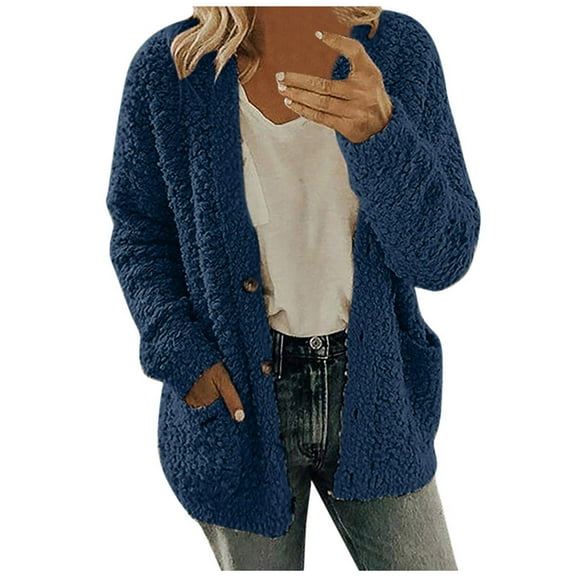 IROINNID Long Cardigans for Women Long Sleeve Button Solid Pocket Cardigan Tops Blouse Plush Coat,Blue