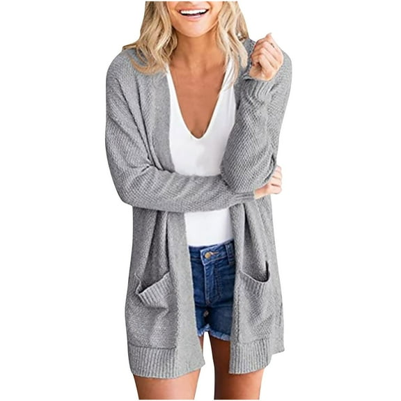 IROINNID Long Cardigans for Women ‘s Solid Cardigan Long Sleeve Sweater Pockets Blouse Coat,Gray