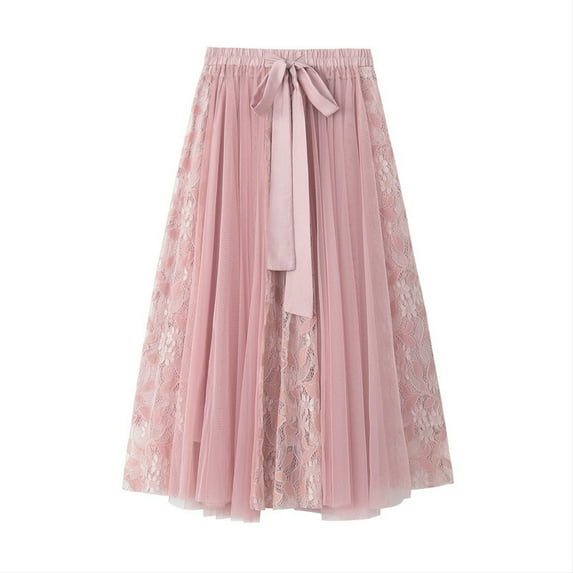 IROINNID Long Comfort Waist Skirt For Women Fashion High Waist Mesh Skirt Pleated Solid Color Skirt