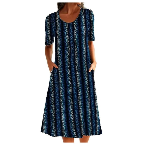 IROINNID Long Dress For Women Temperament Round-Neck Short Sleeve Print Casual Loose Pocket Dress On Sale